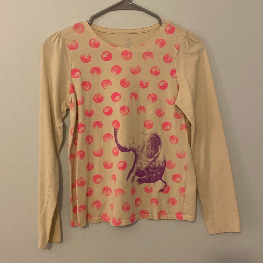 Lands End long sleeve shirt. Size 14. Cream with purple elephant and pink dots.